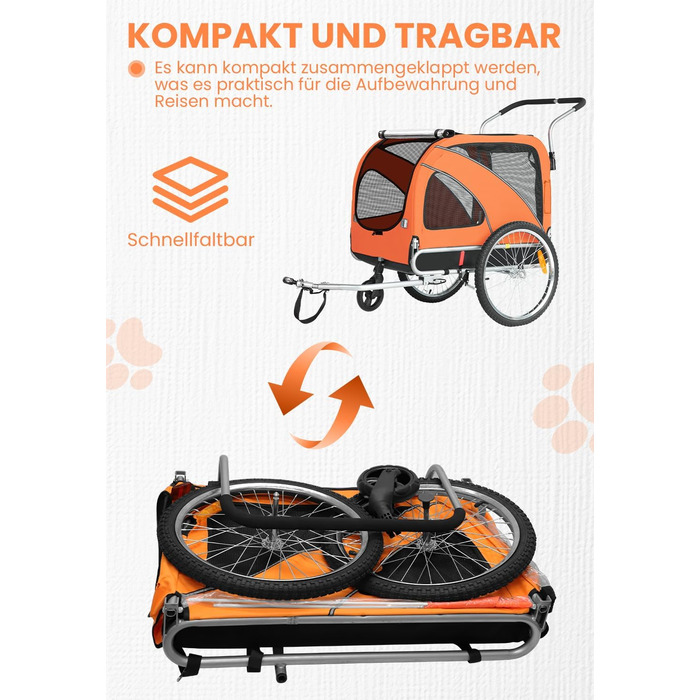 SEPNINE® Велосипедна причепа для собак XL, 2-в-1: причеп та візок для собак з відбивачами та гальмом, матеріал: 600D Oxford Canvas, максимальне навантаження 40 кг, помаранчевий колір