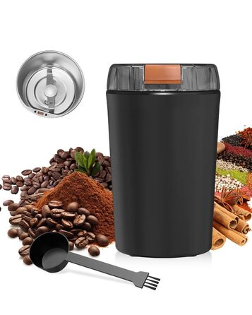Електрична кавомолка 80г, потужний 350W двигун для кави та спецій, з регулюванням помелу, портативна, з щіткою для чищення, нержавіюча сталь, чорний