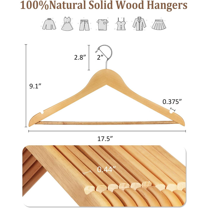 Дерев'яні вішалки для одягу AMKUFO, 20 шт., з неслизьким покриттям, обертовий гачок 360°, для джинсів, штанів, курток, сорочок, суконь, натуральне дерево