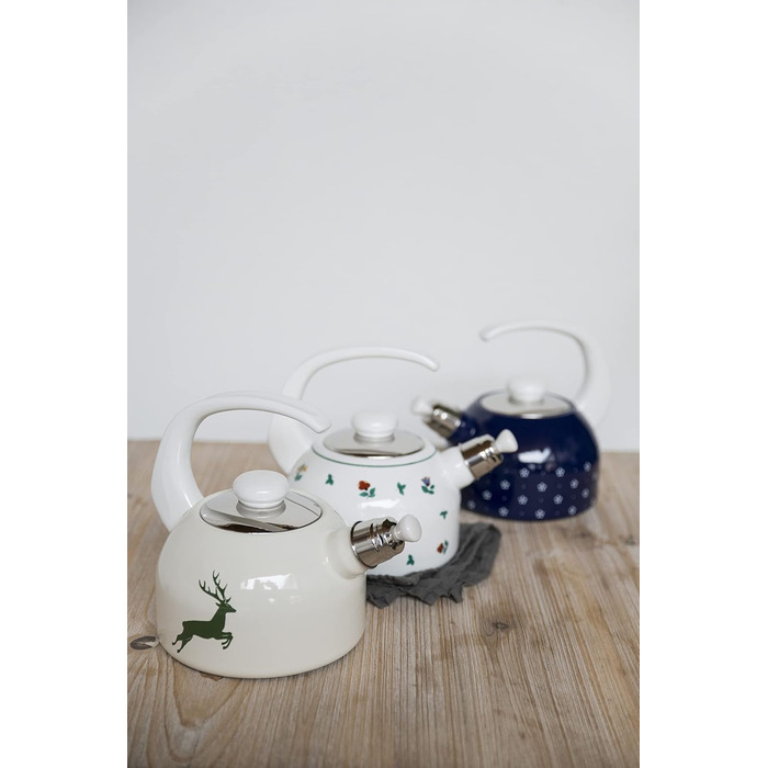 Riess, 0543-073, Whistling Kettle Plus, COUNTRY - DIRNDL, Diameter 18 cm, Height 21.7 cm, Capacity 2 liters, Enamel, Triple-enameled, blue/white, Induction 2 liters Floral Blue