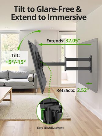 Кріплення для телевізора USX MOUNT на стіну з подовженою балкою, для LCD/LED/OLED телевізорів 37-80 дюймів, витягування 814 мм, регульоване нахилом та поворотне на 180°, VESA до 600x400 мм, вантажопідйомність до 45 кг, ідеально для кутового монтажу