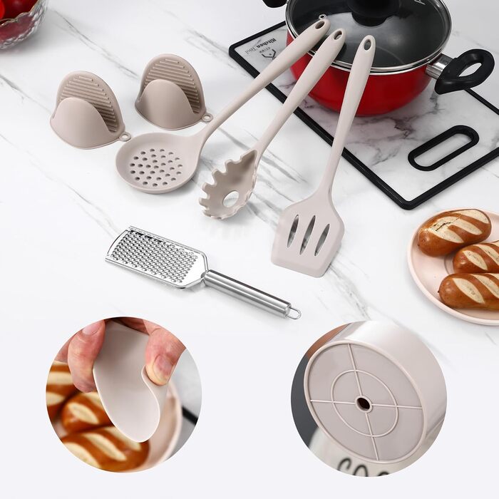 Набір кухонних аксесуарів 43 шт. Силіконовий набір лопаток, термостійкий та антипригарний. Набір кухонних інструментів бежевого кольору з контейнером, гачком для зберігання, придатний для миття в посудомийній машині, хакі