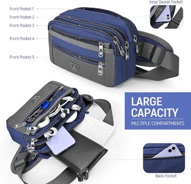 Чоловіча/жіноча поясна сумка на пояс з 7 кишенями на блискавці для спорту, фітнесу, бігу, велоспорту, подорожей та кемпінгу, блакитна