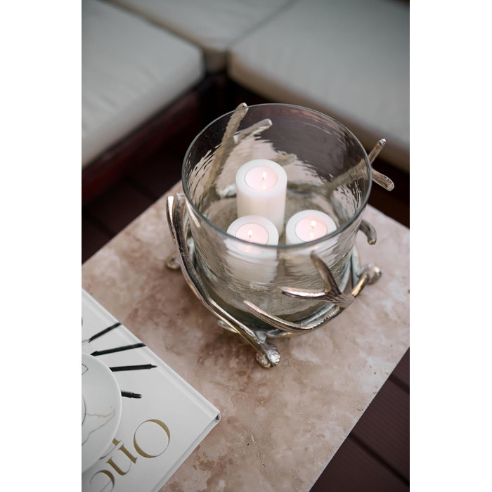 EDZARD Hurricane Candle Holder Kingston, Deer Antler Design, Silver, Nickel-Plated Aluminum, with Glass, Height 13 cm, Diameter 15 cm (Height 20 cm, Diameter 25 cm)