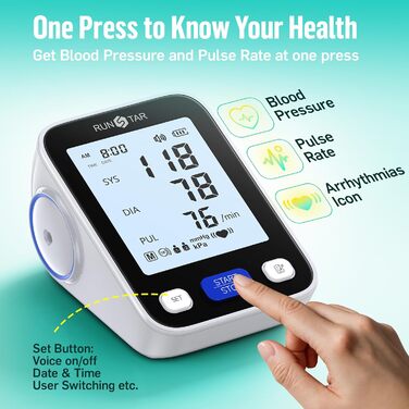 Тонометр RunStar на плече з широкою манжетою (22-42 см) для дому, автоматичний цифровий тонометр з сумкою для зберігання, пам'ять на 2 x 99 показників