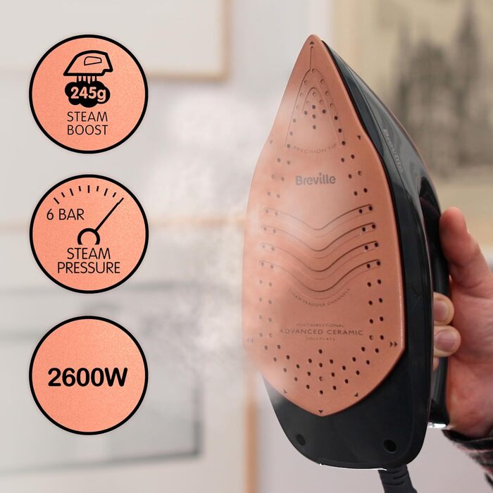 Праска Breville Powersteam 2600W з керамічною підошвою, 220г паровий удар, вертикальний струмінь 50 г/хв, автовимкнення, білий/блакитний (станція для прасування)