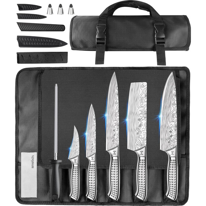 MOSFiATA 17-Piece Professional Kitchen Knife Set with Titanium Coating - Stainless Steel Chef Knife Set with Scissors, Finger Guards & Gift Box (Includes 10 Outdoor Knives)