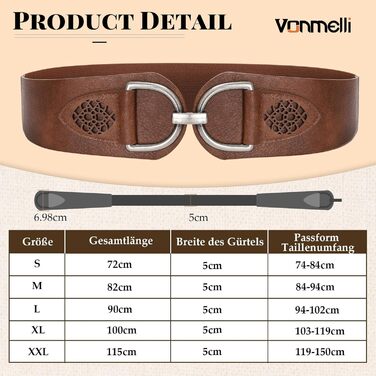 Жіночий ремінь VONMELLI Vintage з широкою пряжкою, еластичний, для суконь та пальто, колір кава, розмір M (84-94 см)