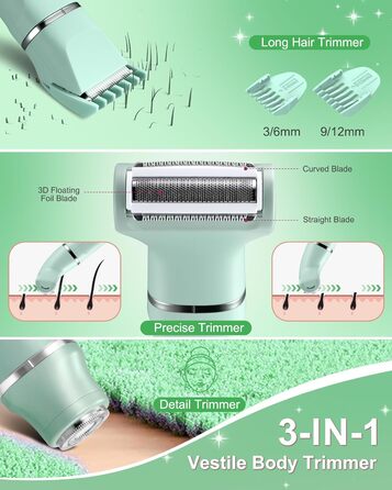 Електричний жіночий тример 3-в-1 для обличчя, ніг, рук, під пахвами та зоною бікіні, водонепроникний, перезаряджається (зелений)