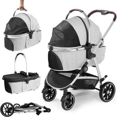 Візок для собак, складаний, до 25 кг, сірий. Алюмінієвий каркас, поворотні колеса, гальма, страхувальний ремінь, м'яке сидіння