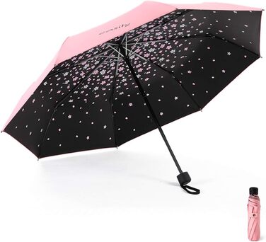 Зонт компактний, складаний, з UV-захистом, від Voy Lady – Рожевий, з квітковим малюнком (квіти сакури), діаметр у розкладеному стані 96 см