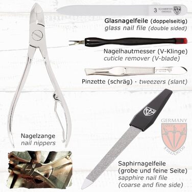 Набір для манікюру DREI SCHWERTER 'Romagna' 7 предметів | Німецька якість, вишуканий дизайн | У футлярі з екошкіри (винний) | Вміст: кусачки для нігтів, ножиці для кутикули, стеклянна пилка, щипці для нігтів, пінцет, інструмент для видалення кутикули