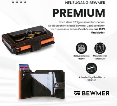 Шкіряний картхолдер BEWMER v2 з RFID-захистом та антиклонуванням, гаманець для чоловіків та жінок з монетницею та відділеннями для 9 карток, чорно-помаранчевий
