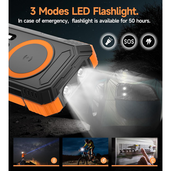 Портативний зарядний пристрій Solar Powerbank 56800 mAh з бездротовою зарядкою, 30W PD, 6 виходів, ліхтарик, велика ємність для кемпінгу та подорожей (Помаранчевий)