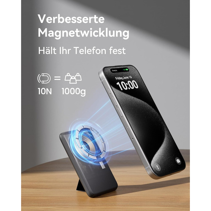 Power Bank INIU 5500mAh 20W з USB-C (вхід/вихід), магнітний акумулятор з підставкою для iPhone 16/15/14/13/12 Pro Max Mini, чорний