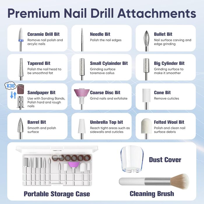 Електричний набір для манікюру Nagelfräser: 13 насадок, 5 швидкостей, 35000 обертів/хв, для гелю та акрилу