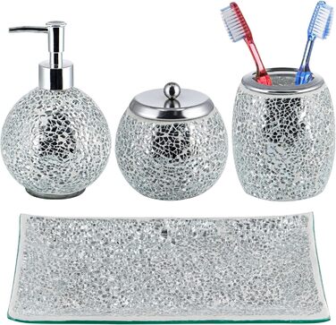 4-Piece Mosaic Glass Bathroom Accessories Set, Modern Luxury Bathroom Ensemble, including Soap Dispenser, Cotton Swab Holder, Toothbrush Holder, Vanity Tray (Shiny Blue) (Shiny Silver)