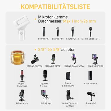 Мікрофонний тримач Maono BA20, чорний: регульований штатив для подкастів, геймінгу, стрімінгу та запису – з кріпленням до столу та адаптером 3/8' - 5/8'