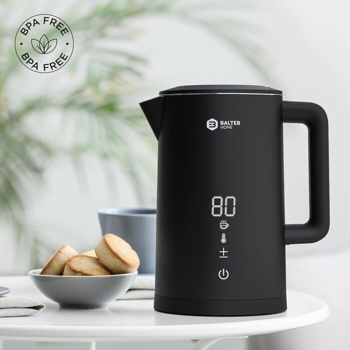 Balter Stainless Steel Kettle with Temperature Setting, 40°C-100°C, Double-Walled, BPA-Free, 1.7L, Black, WK-5-Touch (5 Temperature Levels, LCD)