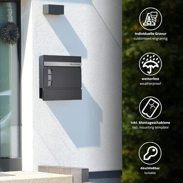 Поштовий ящик Forgard Helsingborg антрацит з газетницею, персоналізований, з нержавіючої сталі з іменем родини, комплект для монтажу (RAL 7016)