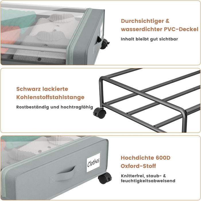 Коробки для зберігання під ліжко PHINOX з роликами, сірі, 2 шт (74x42x16 см) - коробки-органайзери для одягу, взуття, іграшок з прозорою кришкою
