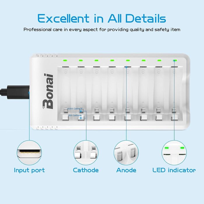 Зарядний пристрій BONAI для акумуляторів AA AAA NI-MH з LED-дисплеєм, USB, швидка зарядка, 8 слотів