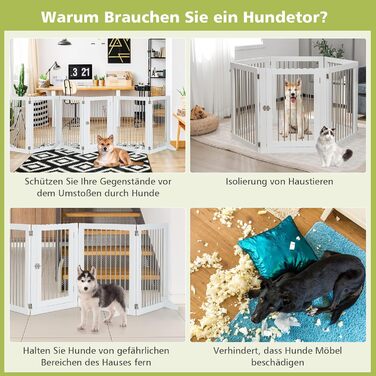 Захисне ґратка для собак COSTWAY, 6-секційне, з дверцятами, 80 см, з нержавіючої сталі та дерева, для каміну/сходи, біле