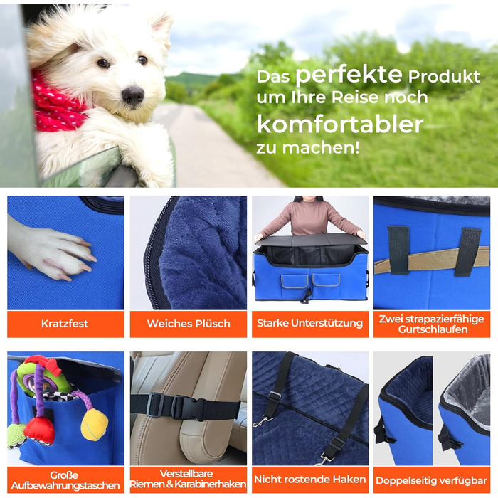 Stable Multi-Pet Car Seat Booster with Safety Belt for Medium Dogs, Washable & Large Capacity Reinforced Dog Basket for Rear Seat (Blue, L)