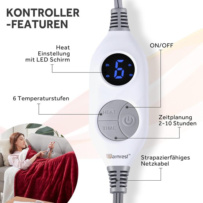 Електрична ковдра Warmrest, 130x180 см, фланель-шерпа, 6 температурних режимів, таймер 1-10 год, захист від перегріву, машинне прання