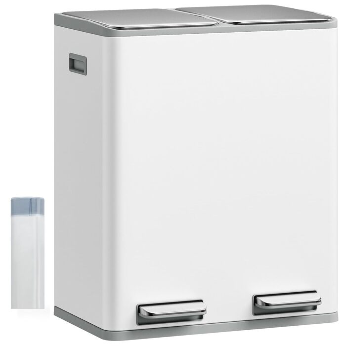 Відро для сміття з сортуванням 60 л, нержавіюча сталь, з педаллю, 2 відділення, SW06099E (біле)