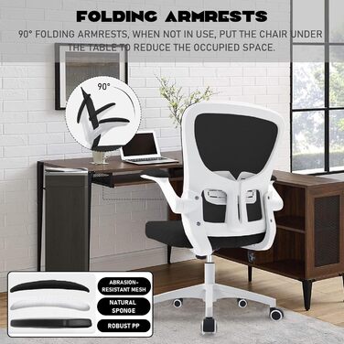 Ергономічне крісло для офісу та робочого столу з підйомними підлокітниками, регульованою підтримкою попереку, регульованою висотою поворотного сидіння та спинкою, що нахиляється до 130°, (Білий)