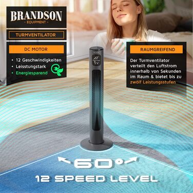 Brandson ECO Tower Fan - Silent DC Motor, 12 Speed, Remote Control, Timer, Energy Efficient, Cool Grey