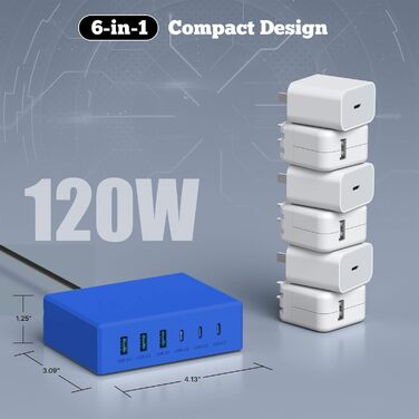 Зарядний пристрій USB-C 120W GaN, багатопортова станція 6 портів для iPhone/Samsung/Google/планшетів, синій