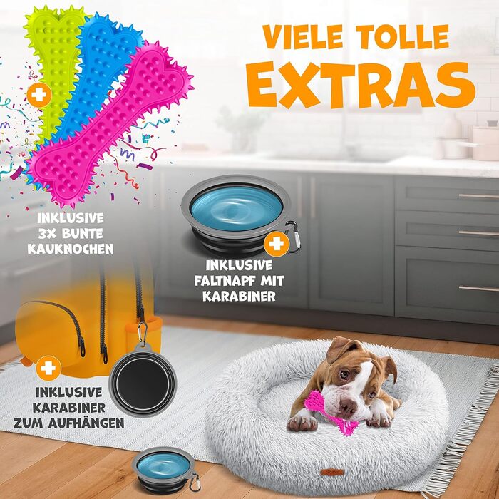 Кругле ліжко для собак та котів Lovpet® Bagel з мискою та іграшками, 120 см, світло-сірий