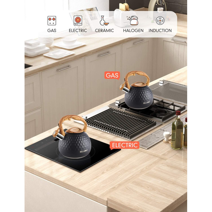 Чайник BELANKO Teekessel 2.7л з свистком, з дерев'яною ручкою, з нержавіючої сталі, чорний матовий, для плити, індукції, діамантовим дизайном