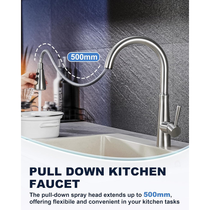 Змішувач кухонний iVIGA висувний з дозатором, водоспад, 360° поворот, 3 режими, щітене нікель