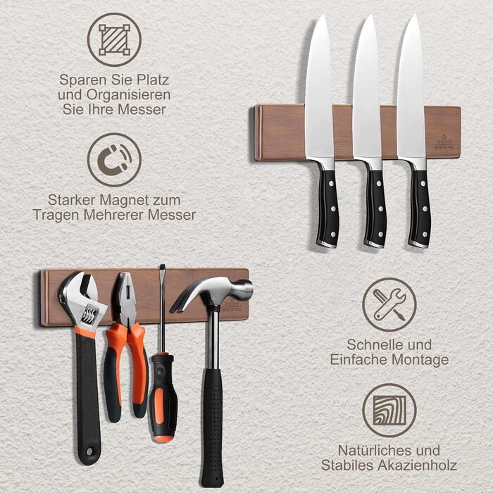 ENOKING 26cm Magnetic Knife Strip, Self-Adhesive, Knife Magnetic Strip with Extra Strong Magnet, Magnetic Knife Holder Made of Acacia Wood, Magnetic Knife Holder for Knives and Kitchen Utensils