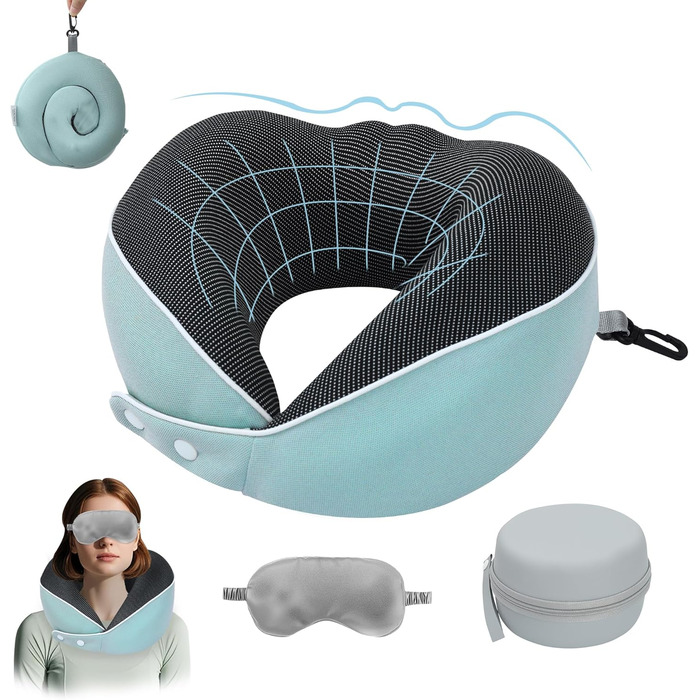 Подушка для шиї Comfy - подорожі літаком/автомобілем, memory foam, маска для сну, 360° підтримка (Морська блакить)