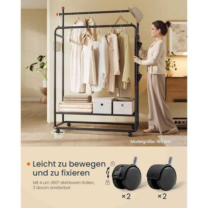 SONGMICS HOME Rolling Garment Rack, Coat Rack, 2 Clothes Rods, Shelf, Side Organizer, Match-Shaped Hooks, Stable, Bedroom, Hallway, Ink Black HSR171B01