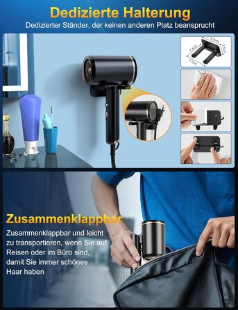 Професійний фен 2400W з іонізацією та складним механізмом, для швидкого сушіння, з насадкою-дифузором та сумкою, чорний