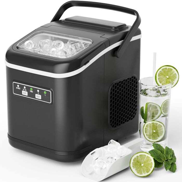 Машина для приготування льоду, 12 кг/24 год, чорна. Виробляє 9 кубиків за 6 хвилин, 2 розміри кубиків, самоочищення, з лопаткою та кошиком. Підходить для дому, офісу, бару, вечірки.