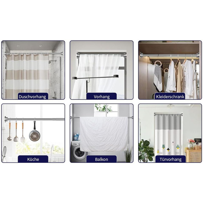 Дзеркальна штанга для душу Onpira® без свердління – нержавіюча штанга для штори для душу та гардини | 5 розмірів 40–230 см | 3 кольори: чорний, білий, нержавіюча сталь | Міцне кріплення до 12 кг, штанга 230 см