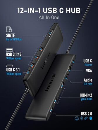 Lemorele Док-станція 12-в-1 з USB-C, 10Gbps, Dual 4K HDMI, VGA, USB 3.1/2.0, 100W PD, SD/TF, Audio для Windows, MacBook, Dell