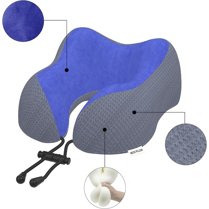 Подушка для шиї у вигляді їжачка, автомобільна/авіаційна, з memory foam, м'яка оксамитова обкладинка, для дорослих, для подорожей, кемпінгу, офісу та дому (Темно-синій)