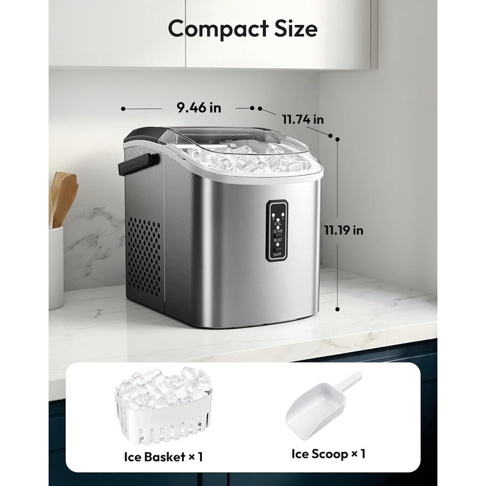 Машина для приготування льоду EUHOMY, чорна, 12 кг/день, самоочищення, 9 кубиків за 6 хвилин, 2 розміри, з ручкою, кошиком та лопаткою