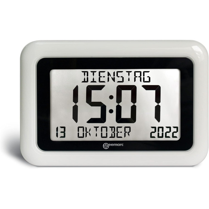 Calendar Clock - Geemarc Viso10 with automatic time setting and large letters - For people living with Alzheimer's - Battery operated - No backlight - Version DE - White