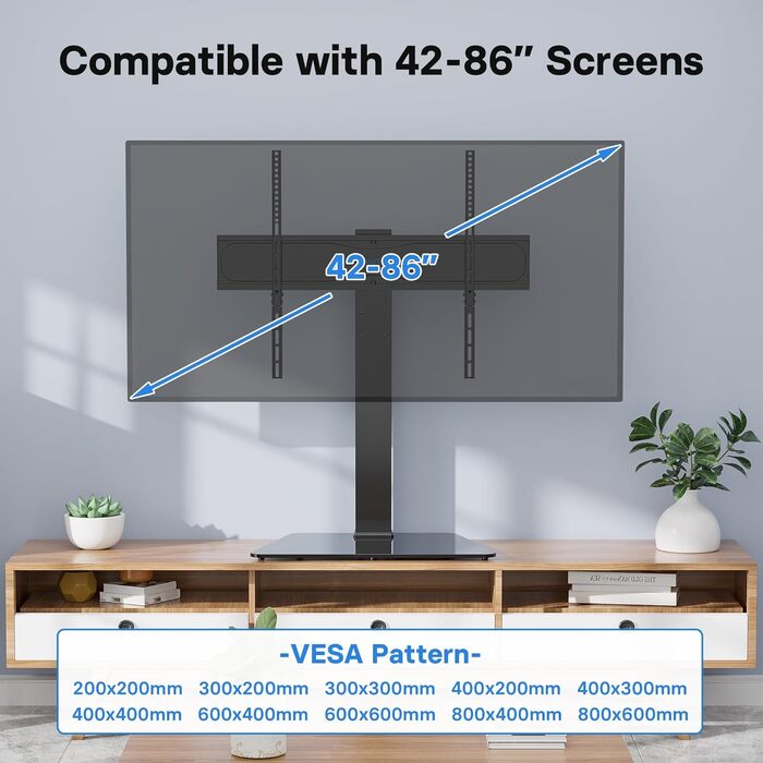 Підставка для телевізора BONTEC, регульована по висоті, універсальна, для LCD, LED, OLED, 42-86 дюймів, поворотна, скляна, до 50 кг, VESA 800x600 мм
