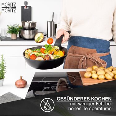 Сковорода Moritz & Moritz 26 см з кришкою, чорна, з антипригарним покриттям та Soft-Touch ручкою - для смаження, тушкування та приготування на пару. Підходить для всіх типів плит.