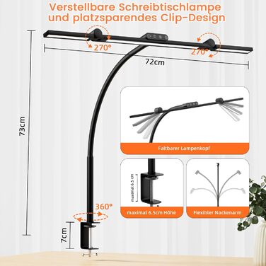 LED лампа настільна TYEE з регулюванням яскравості, 24W, 3-світлодіодний балка, 1500LM, захист очей, денне світло, з пультом дистанційного керування, 5 кольорів, 5 рівнів яскравості, для офісу та дому, чорна