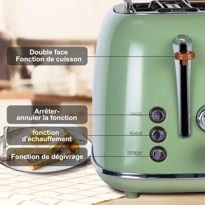Wiltal Retro 2-Slice Toaster with 6 Adjustable Browning Levels, Stainless Steel with high-quality bread roll attachment. Warming, defrosting, and cancel function, countdown display, quick-toast technology (green)